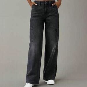 American Eagle Black Stretch Super High Rise Cargo Baggy Wide Leg Jean